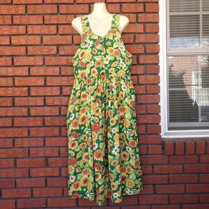 Sunflower Overall Dress Handmade Womens M Green Yellow Garden Cottagecore
